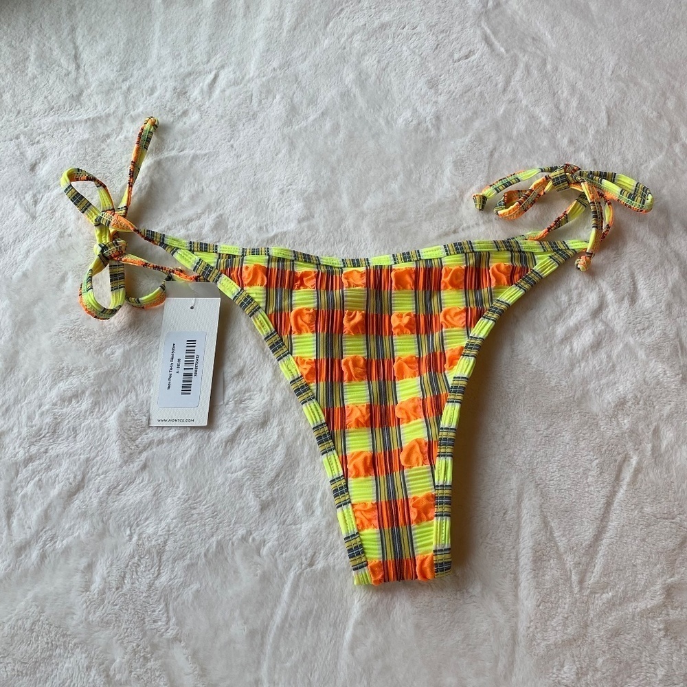 New! Montce neon plaid tie-up side tie bikini bottom Brazilian 19335 - Picture 7 of 13